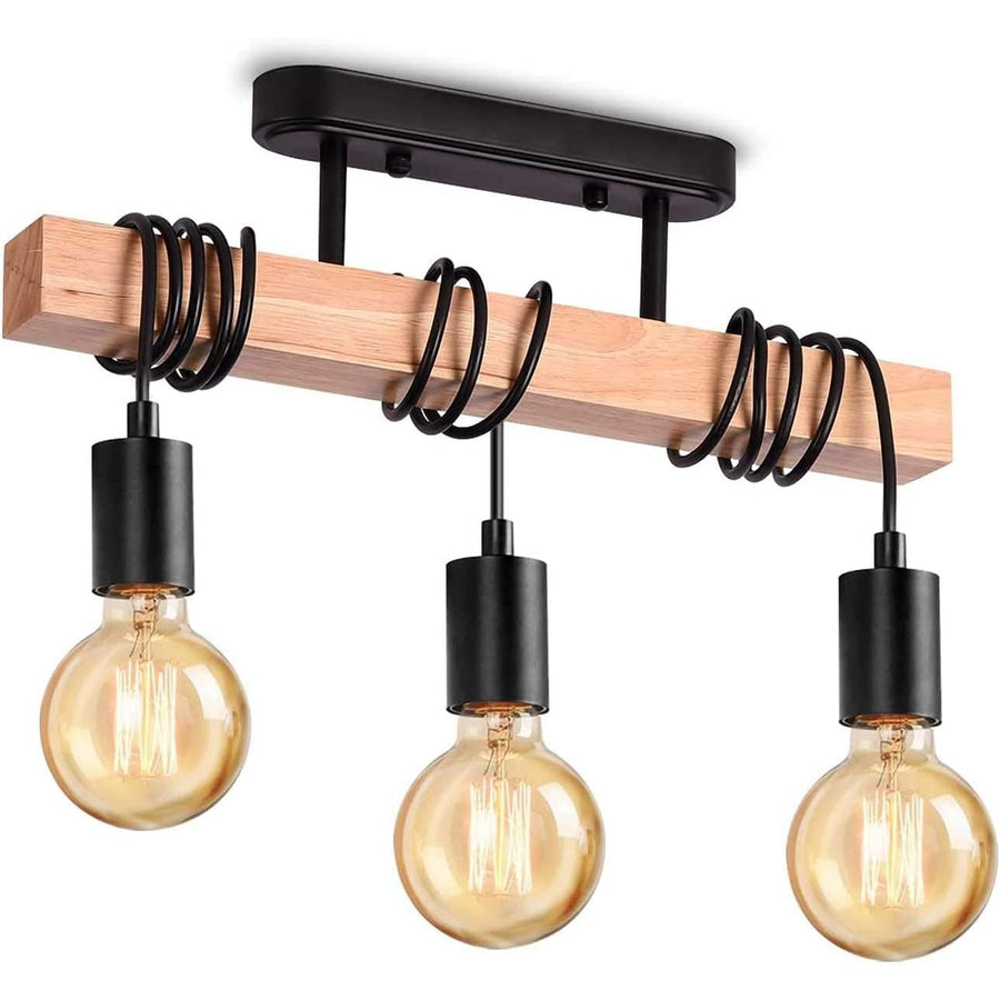 Ceiling light fixture with wooden bar and three exposed light bulbs on a white background