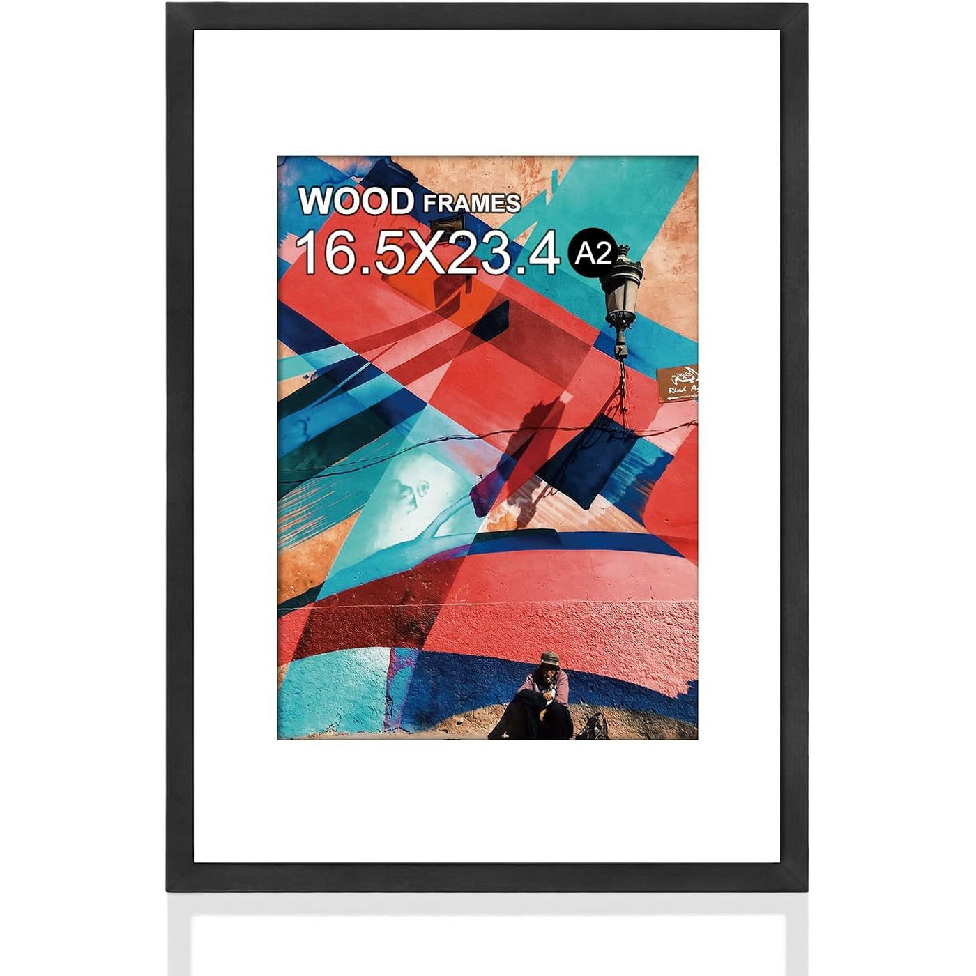 Framed artwork with colorful abstract design and text indicating frame size.