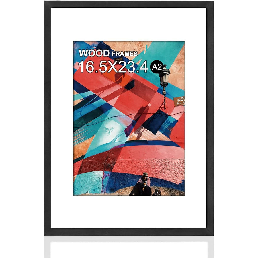 Framed artwork with colorful abstract design and text indicating frame size.