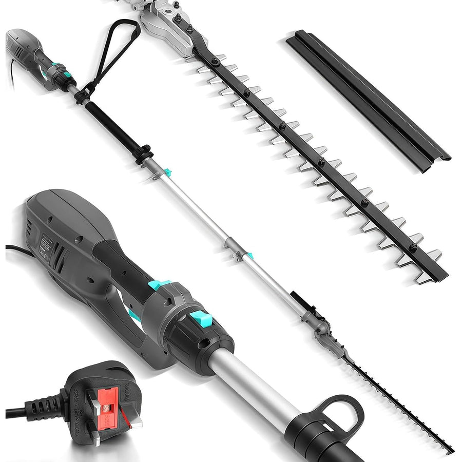 Gardening tool set with hedge trimmer and pole saw on a white background