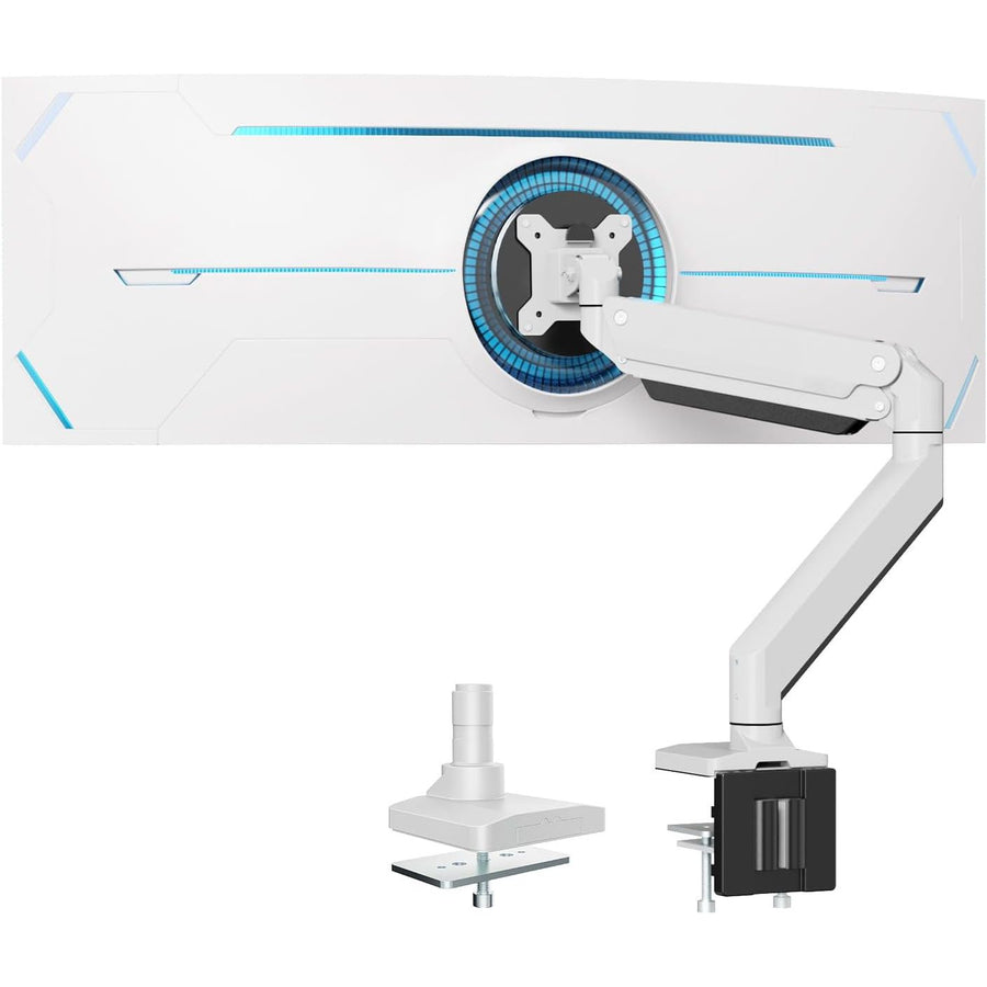 White monitor stand with blue accents on a white background
