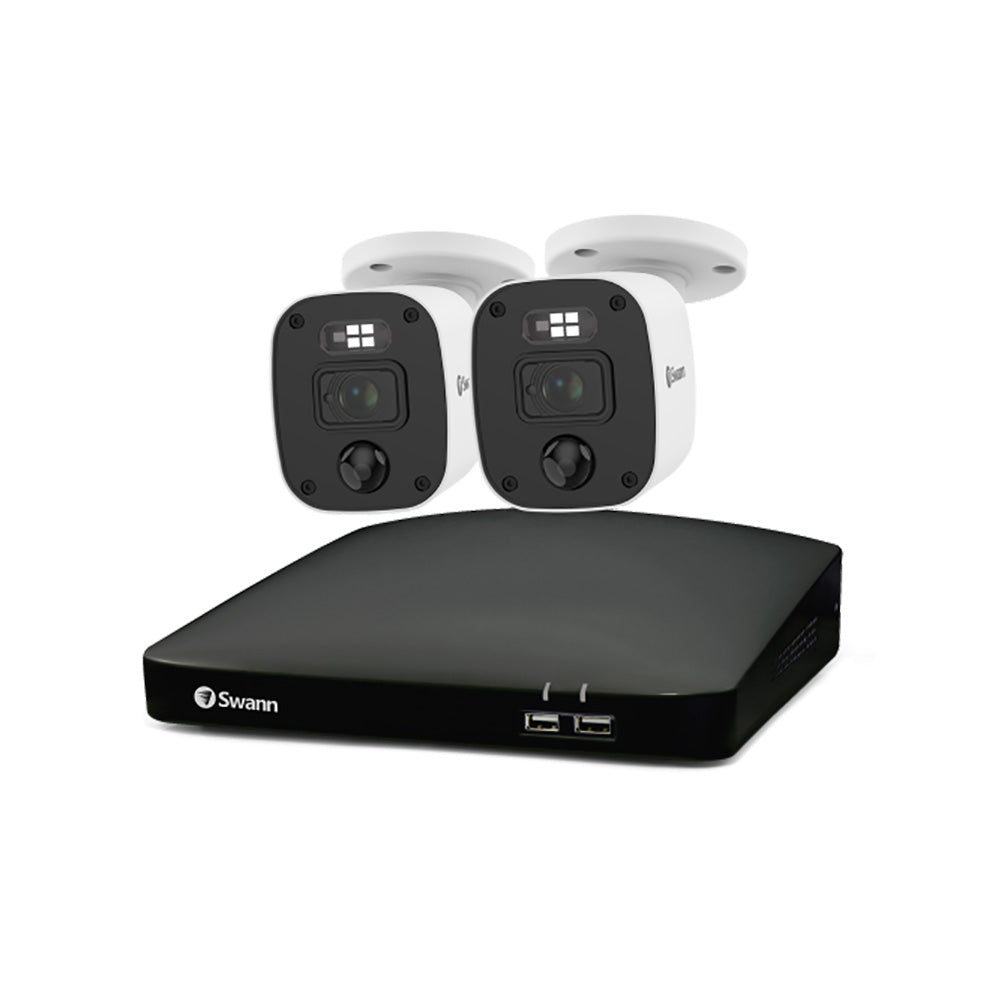 Swann security camera system with two cameras and a black DVR on a white background
