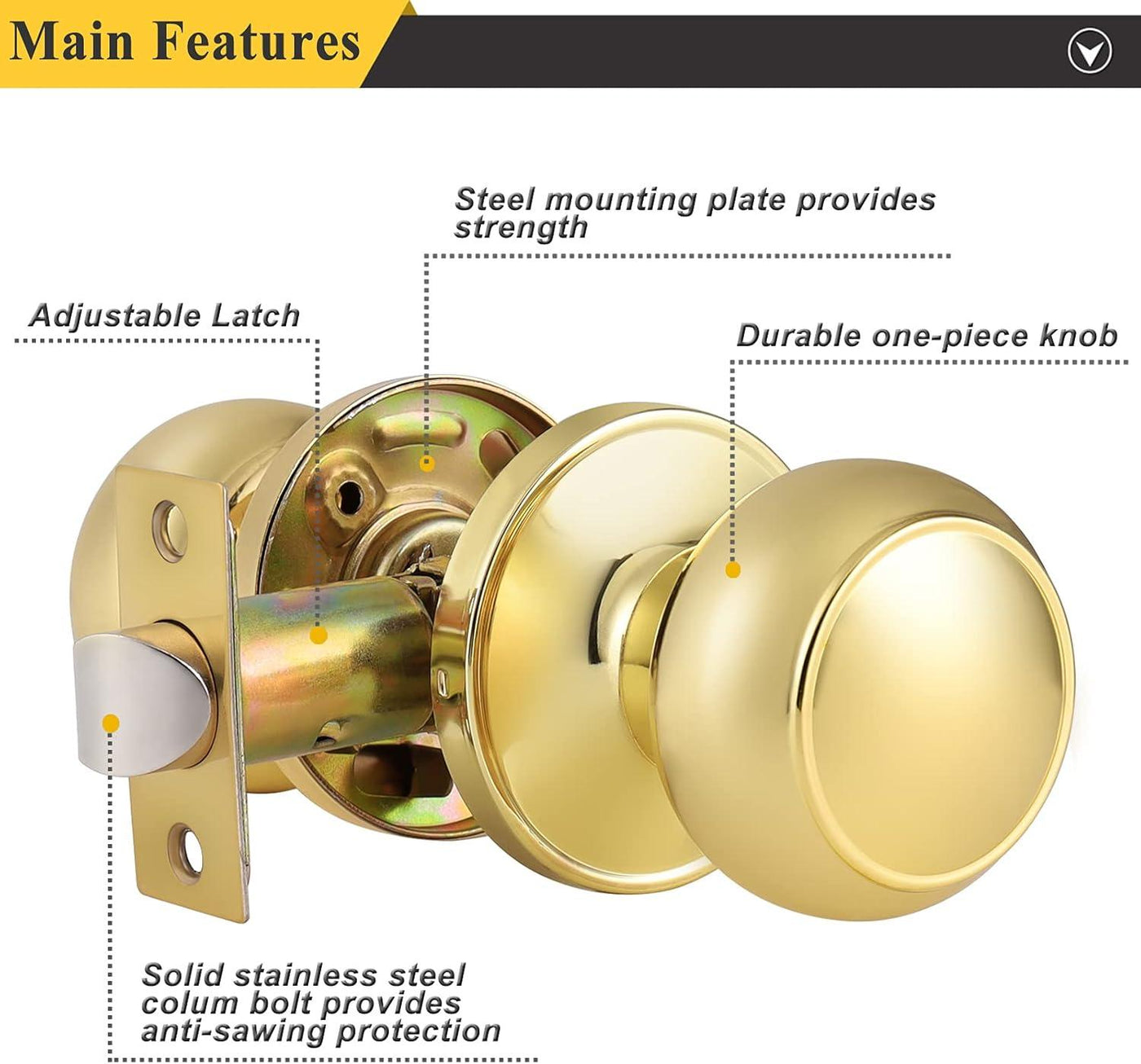 Probrico 4 Pack Polished Brass Passage Door Knobs - Gold Round