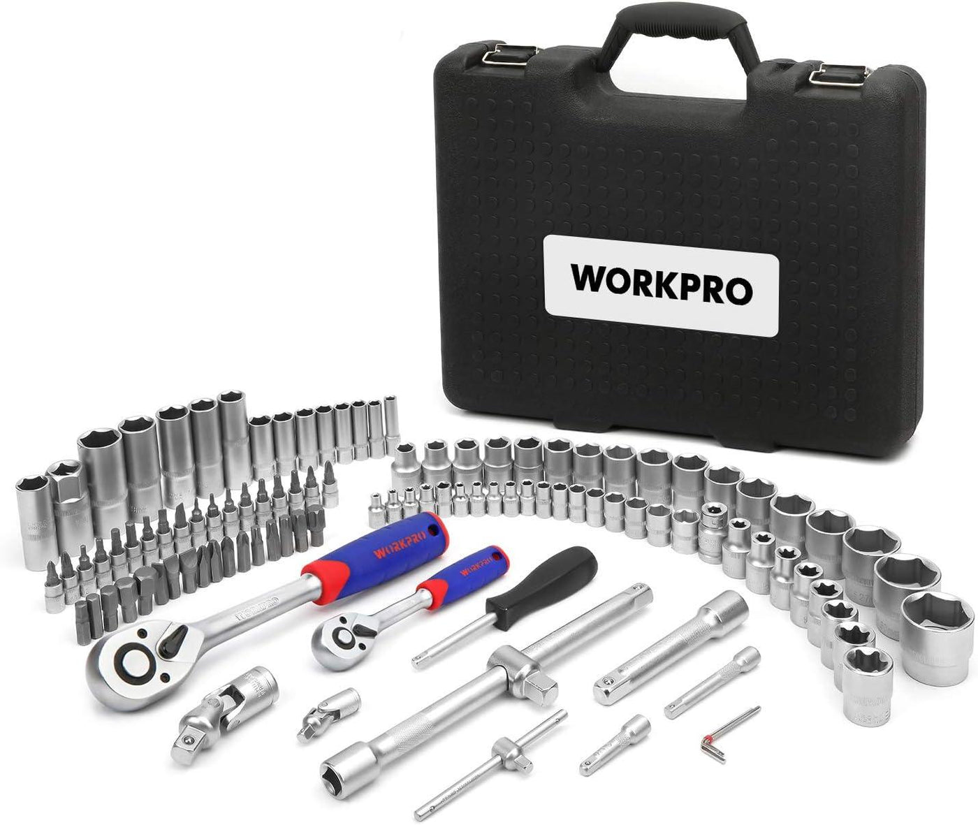 WORKPRO 108-Piece Socket Set | 1/4in & 1/2in Drive, Quick Release Ratchet, CR-V Tools