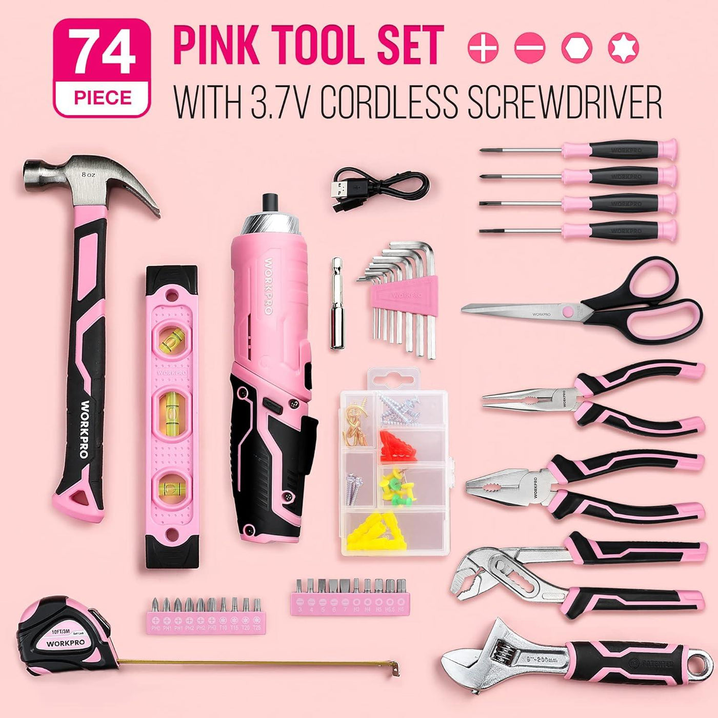 WORKPRO 74-Piece Tool Set with Cordless 3.7V Screwdriver Kit with Carrying Bag