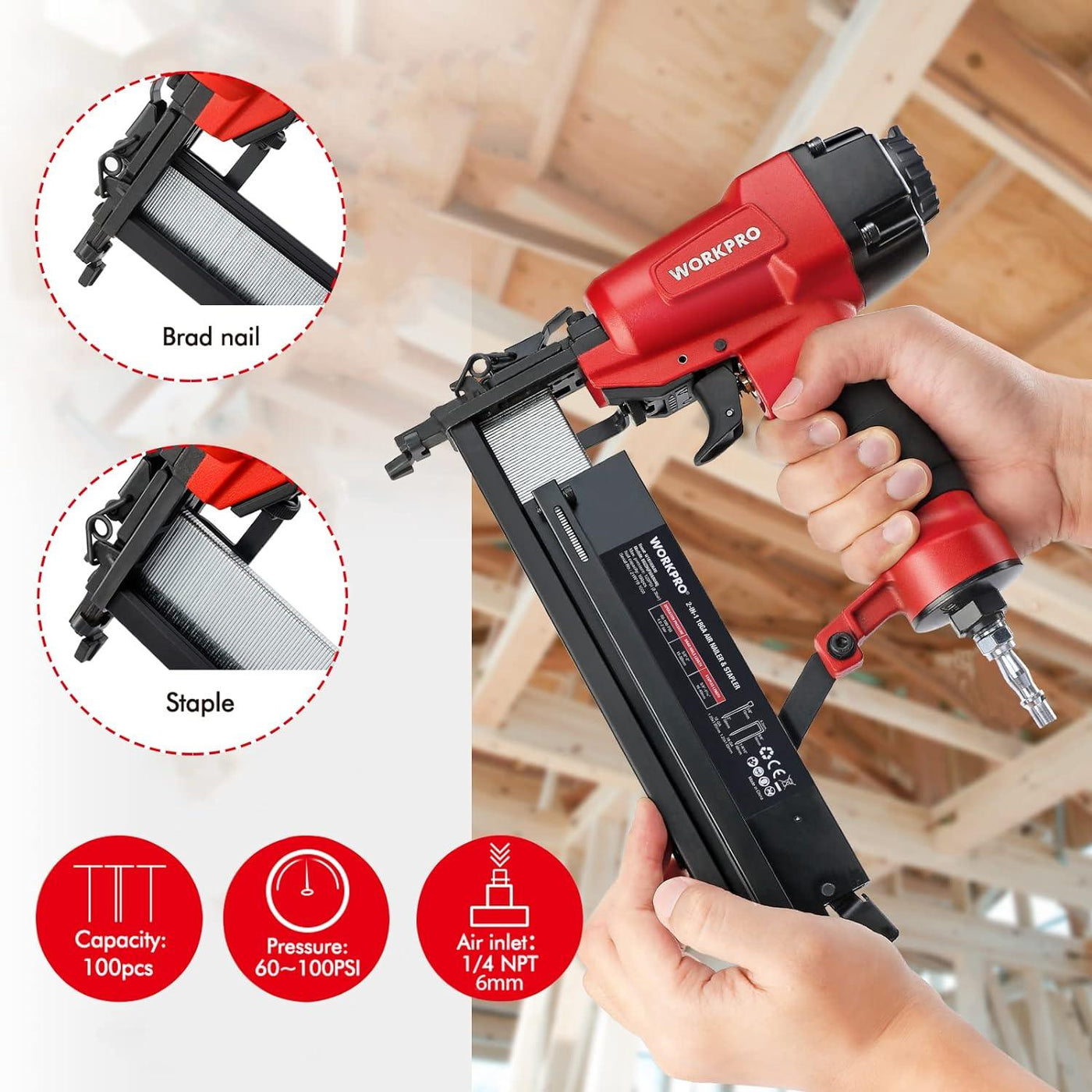 WORKPRO 2-in-1 Air Brad Nailer Gun 50mm with 400 Nails & 300 Staples