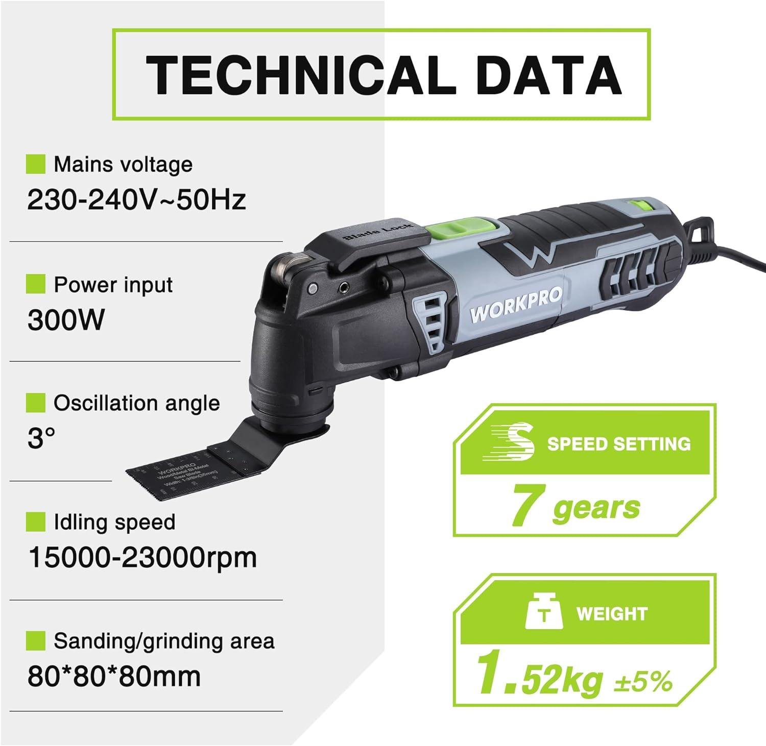 WORKPRO 300W Oscillating Multi-Tool, 7 Speeds, Quick Blade Change, 17pc Kit