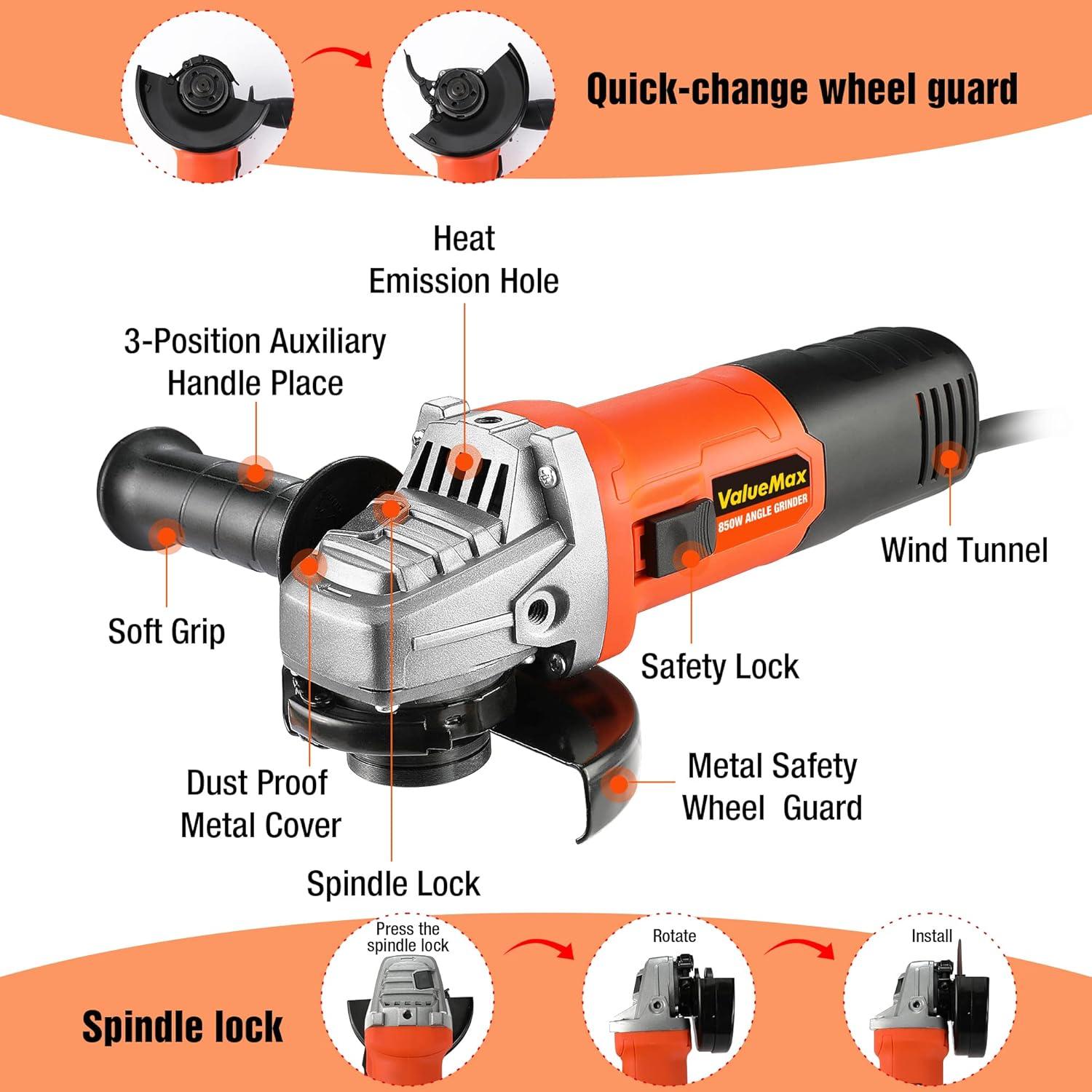 ValueMax 850W Angle Grinder, 115mm, 12000 RPM, 3-Position Handle, 4 Discs Included