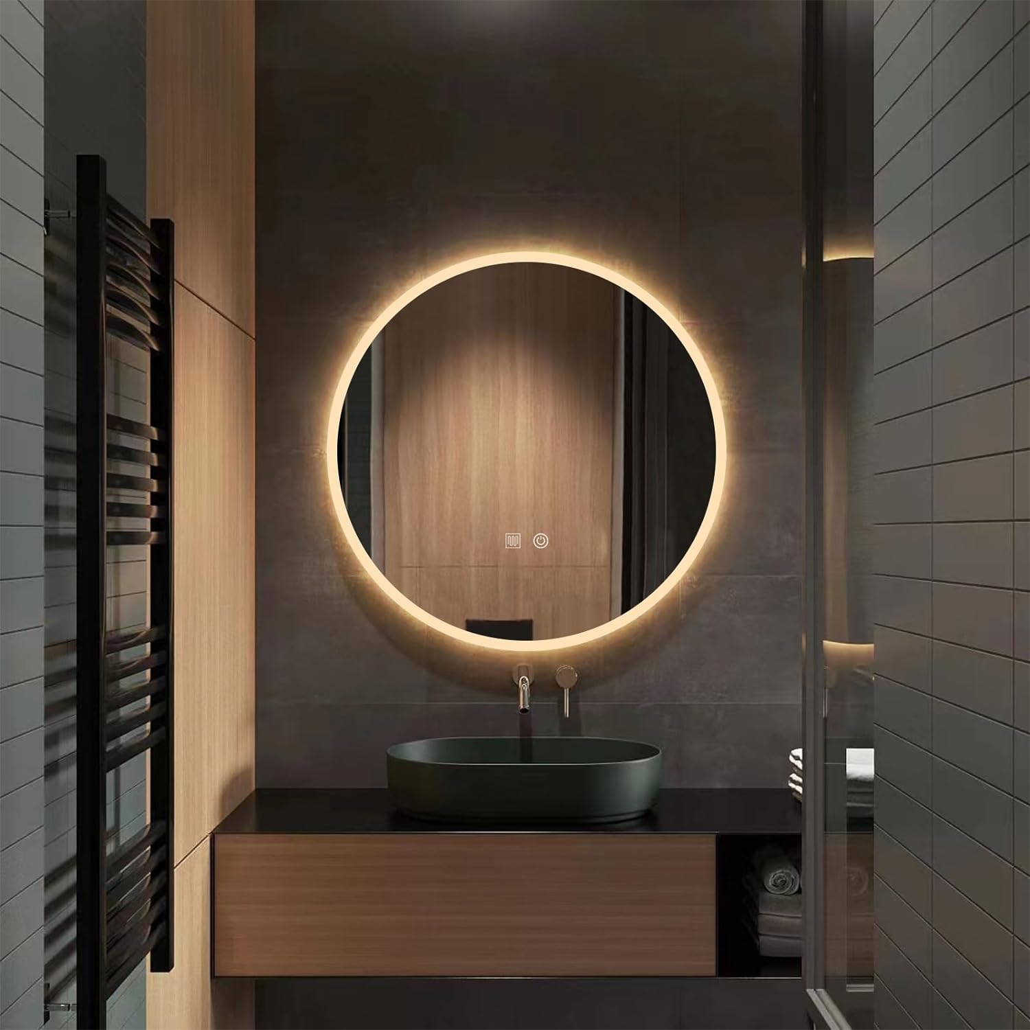 YOSHOOT 60cm Round LED Bathroom Mirror, 3-Color Dimmable, Anti-Fog, IP44