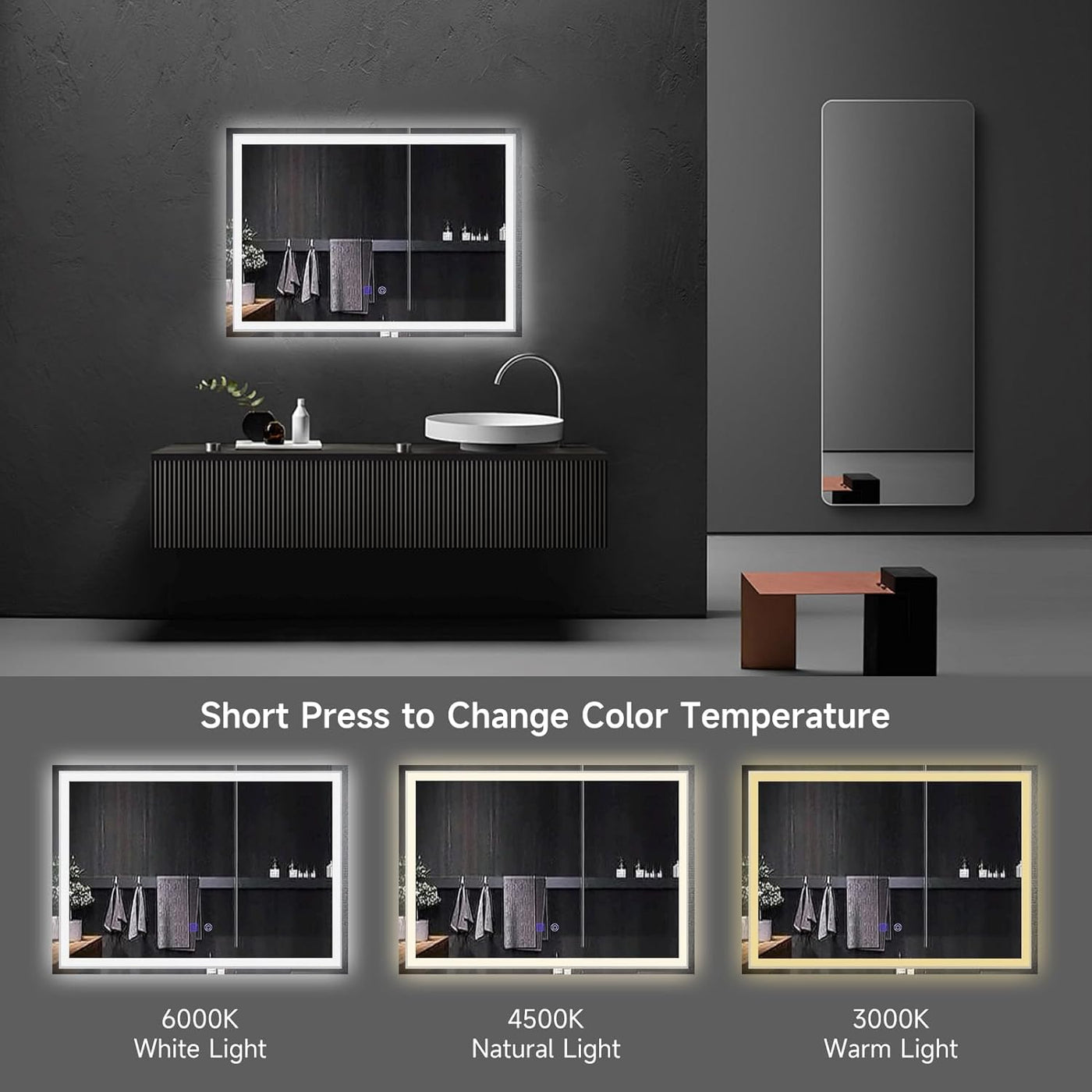 YOSHOOT 500x700mm LED Bathroom Mirror, 3-Color, Dimmable, Anti-Fog, Wall Mounted