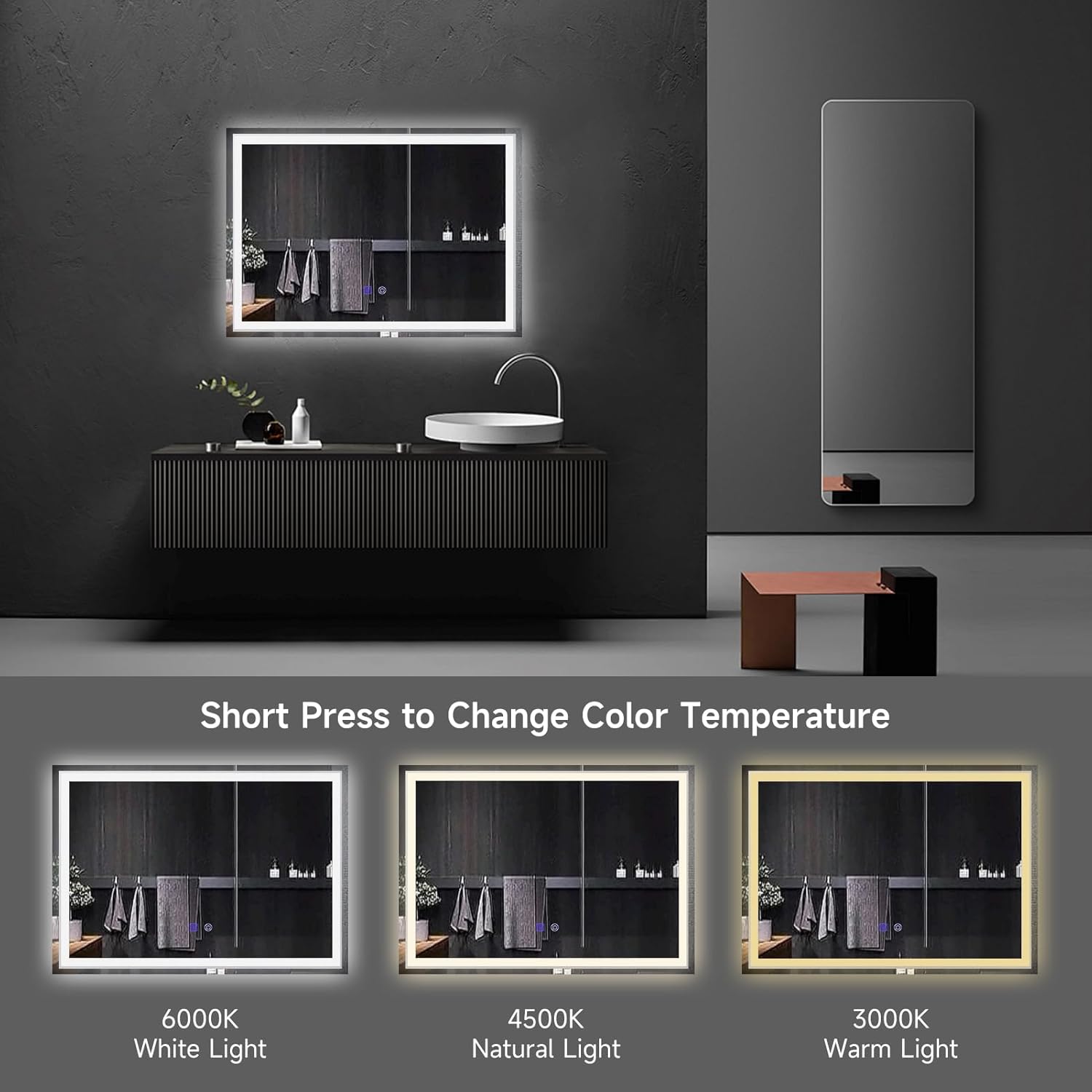 YOSHOOT 500x700mm LED Bathroom Mirror, 3-Color, Dimmable, Anti-Fog, Wall Mounted