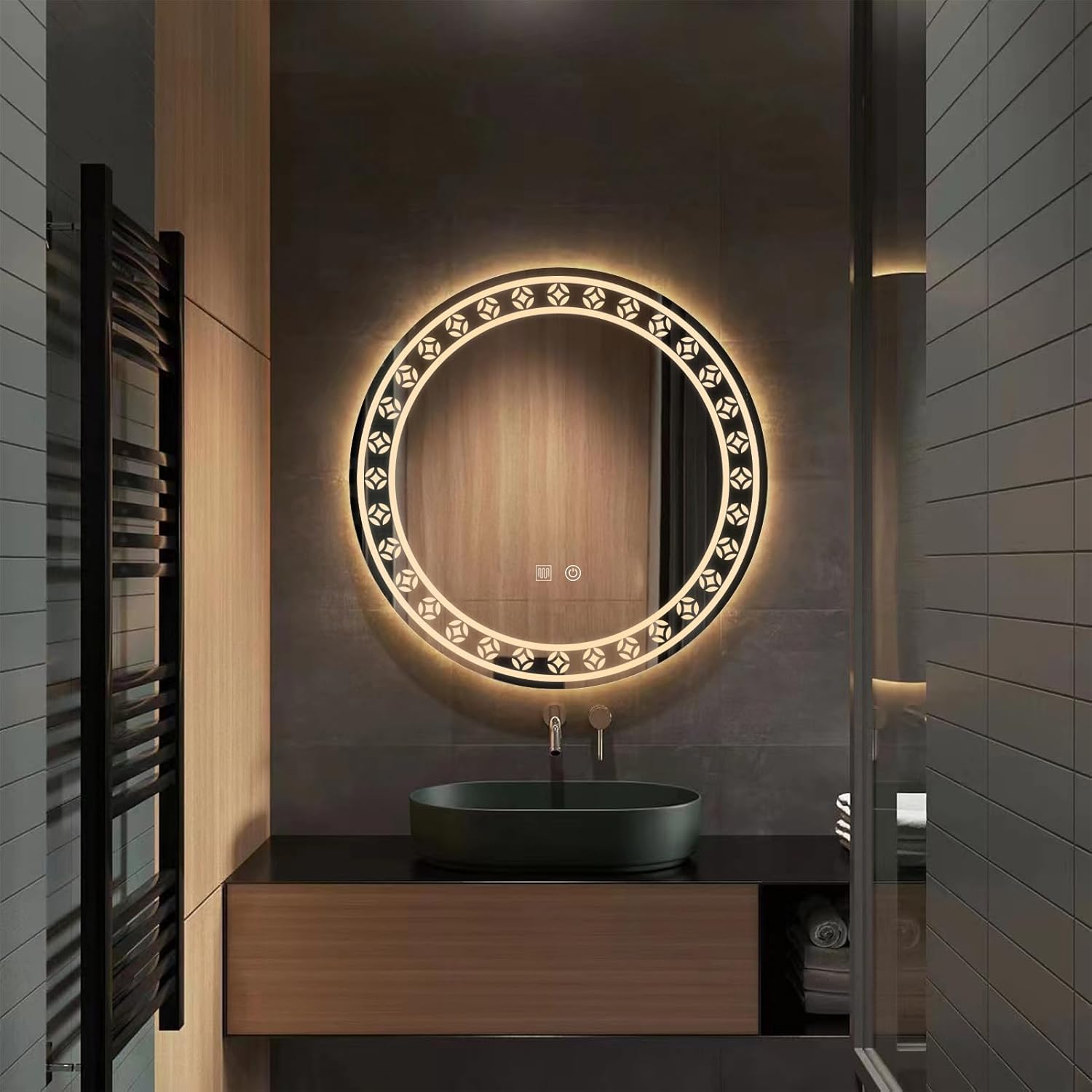 YOSHOOT 800mm Patterned Round LED Bathroom Mirror, Wall Mounted, 3-Color, IP44