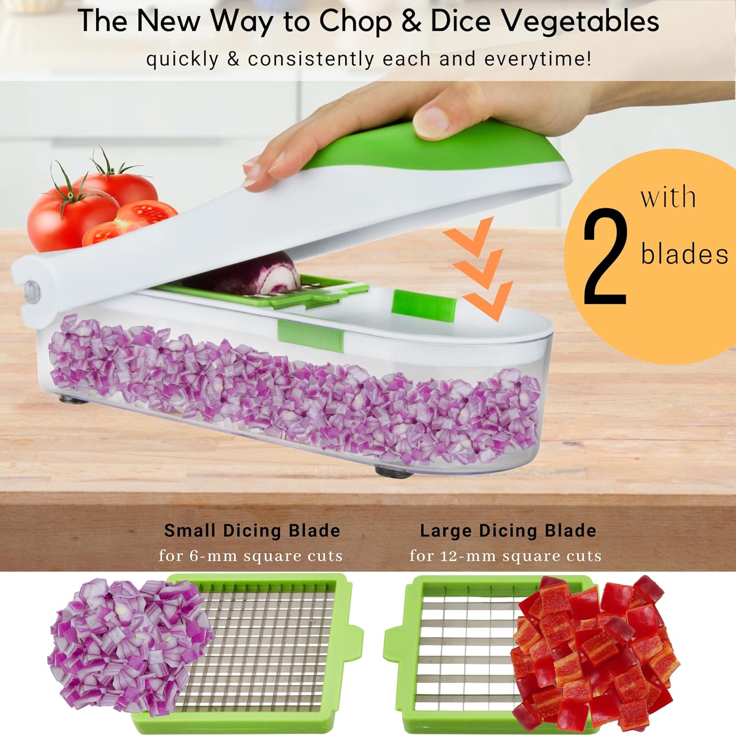 Brieftons QuickPush Vegetable Chopper - 2 Dicing Blades, Salad & Onion Cutter