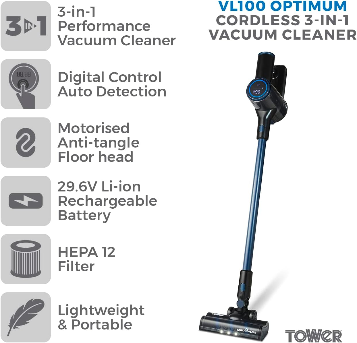 Tower VL100 Optimum Cordless 3-in-1 Vacuum Cleaner, HEPA Filter, 11Kpa, 1L 29.6V