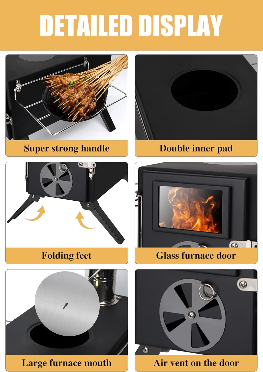 SOPPY Portable Tent Stove - Alloy Steel Wood Burning with Foldable Chimney