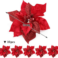 10 pcs Christmas Glittery Flower 23CM Red Artificial Poinsettia Large - Massive Discounts