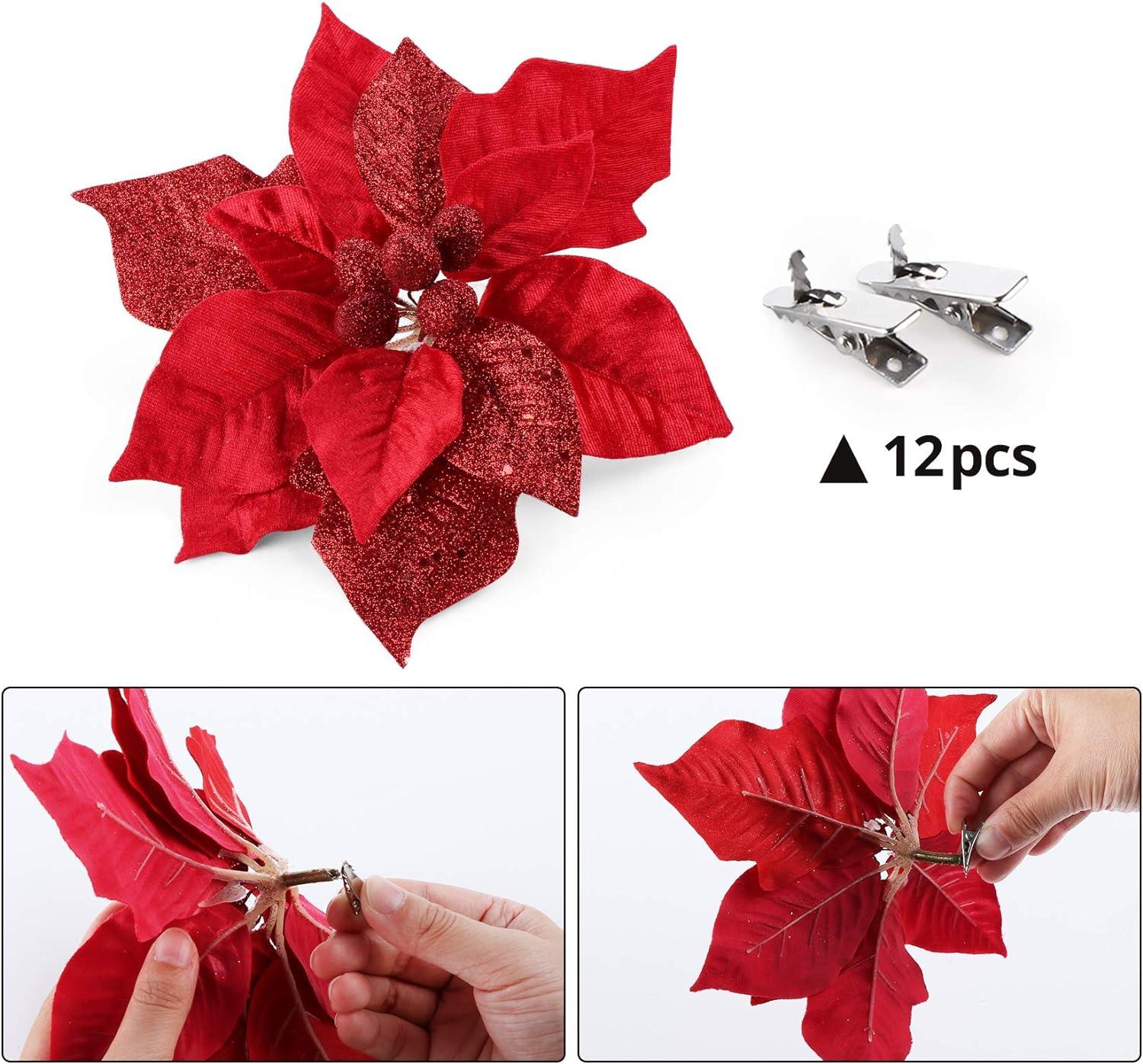10 pcs Christmas Glittery Flower 23CM Red Artificial Poinsettia Large - Massive Discounts