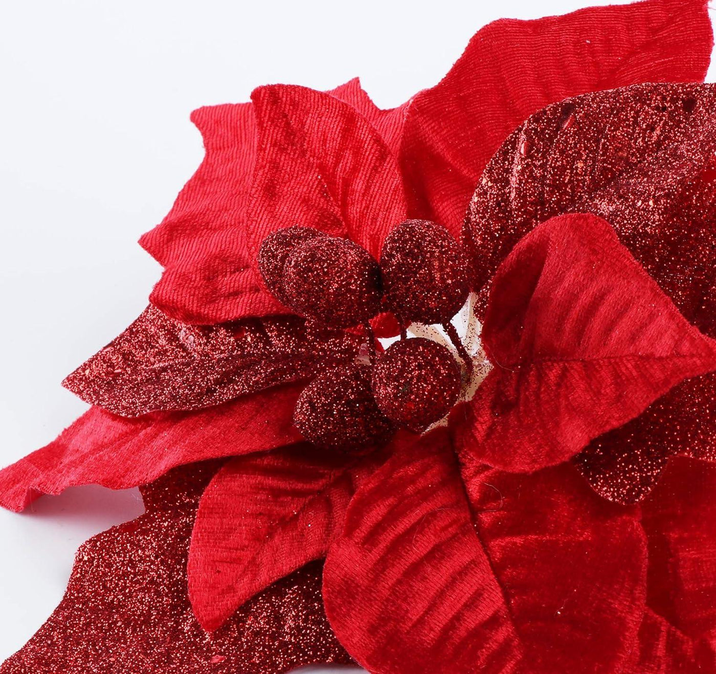 10 pcs Christmas Glittery Flower 23CM Red Ornament for Tree with Clips - Massive Discounts