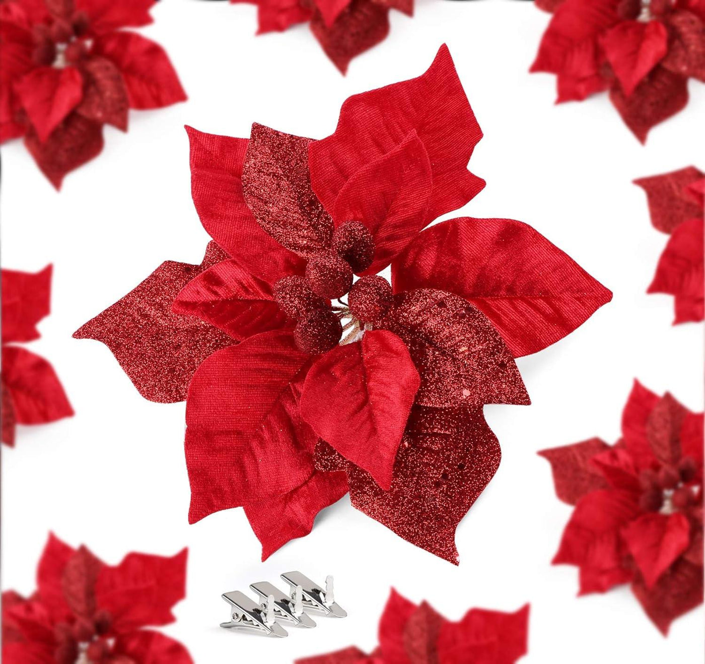 10 pcs Christmas Glittery Flower 23CM Red Ornament for Tree with Clips - Massive Discounts