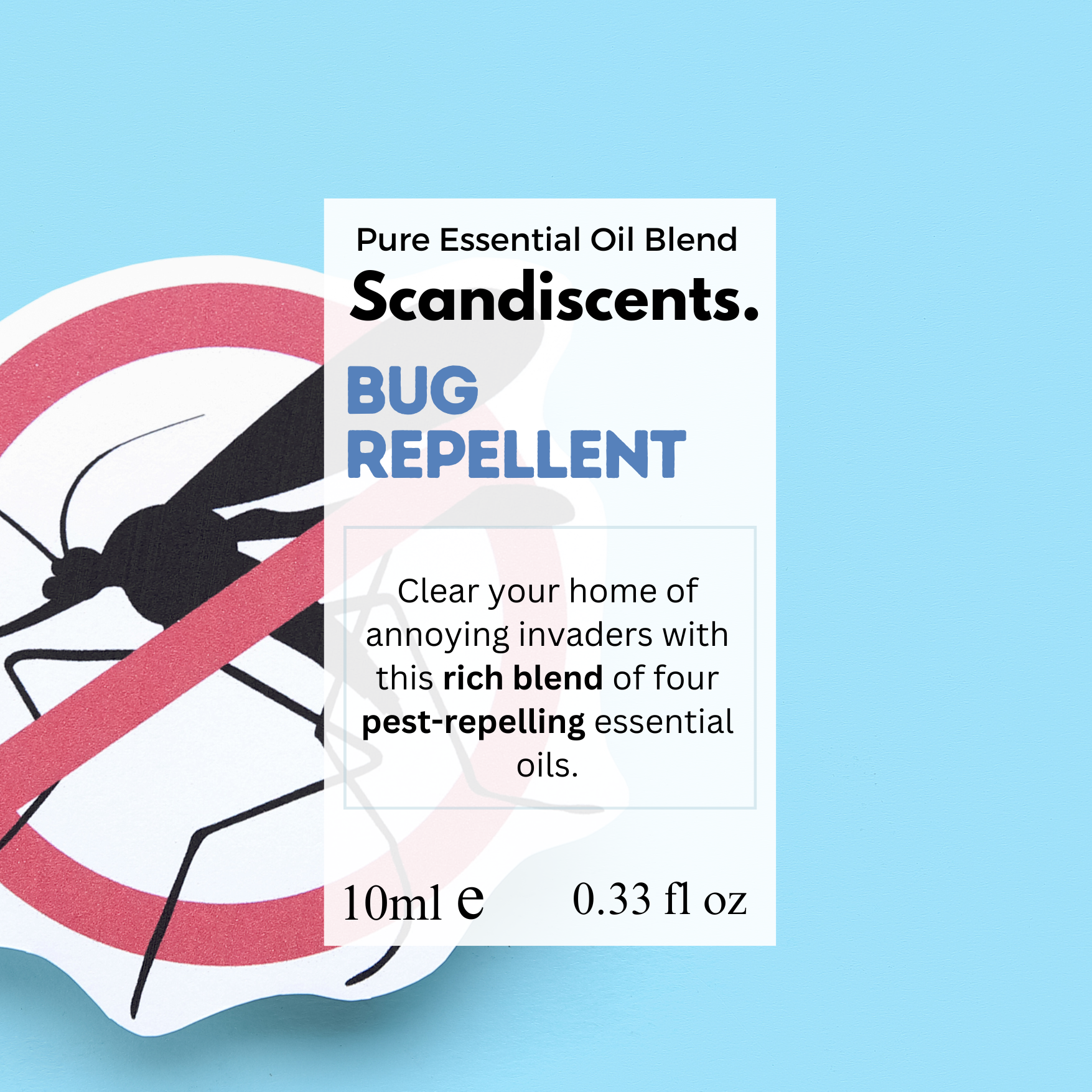 Scandiscents bug repellent packaging with a mosquito icon on a blue background