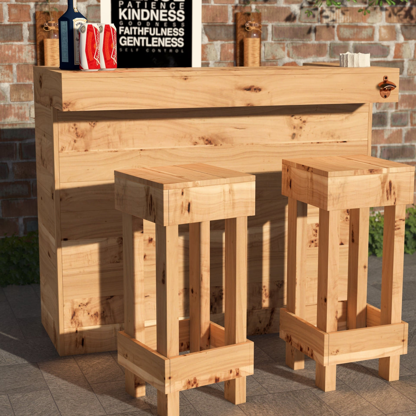 Wooden bar set with stools against a brick wall.