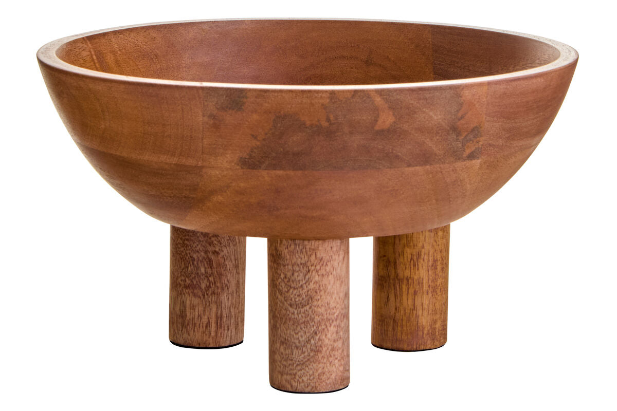 Wooden bowl with three cylindrical legs on a white background
