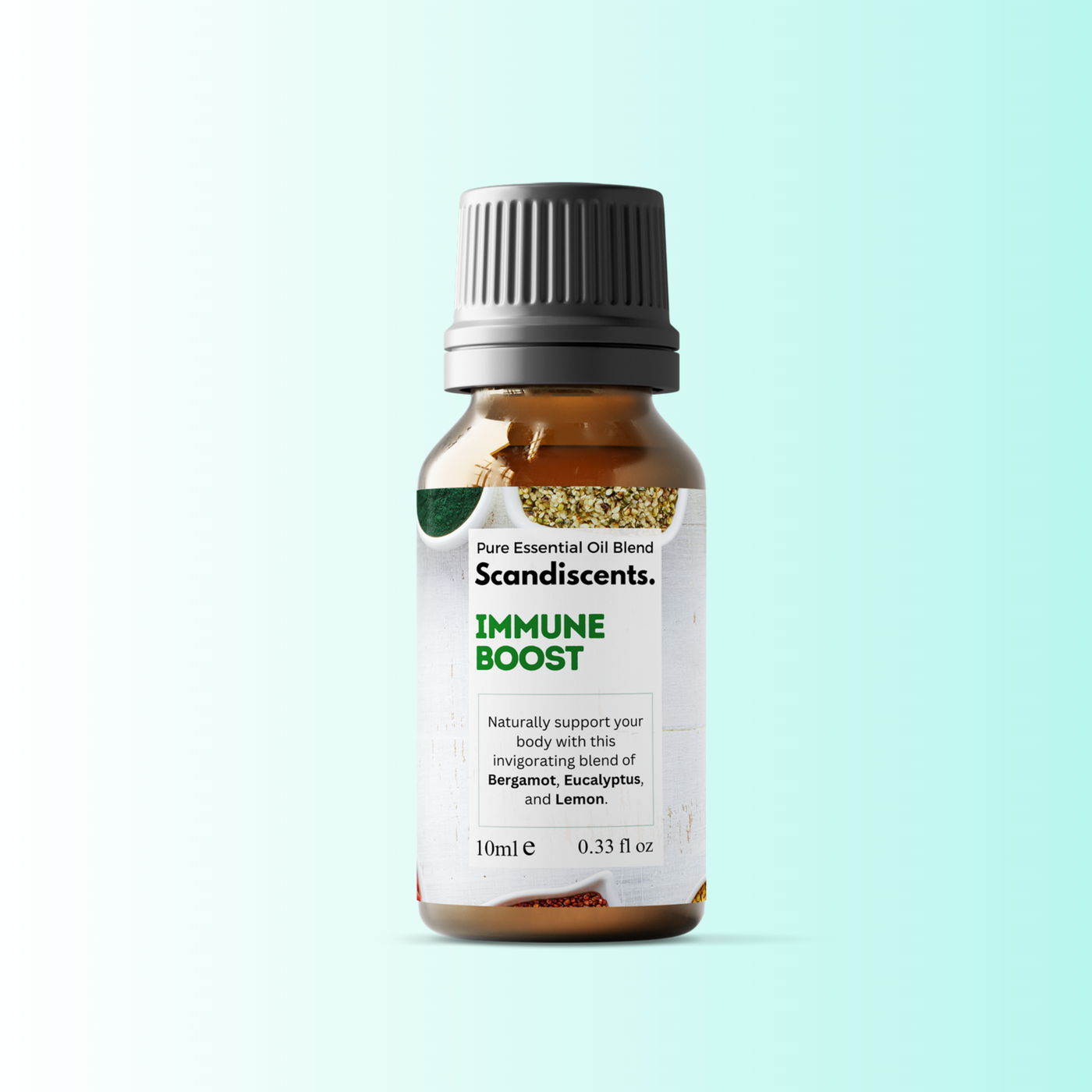 Scandiscent Immune Boost essential oil bottle on a light blue background