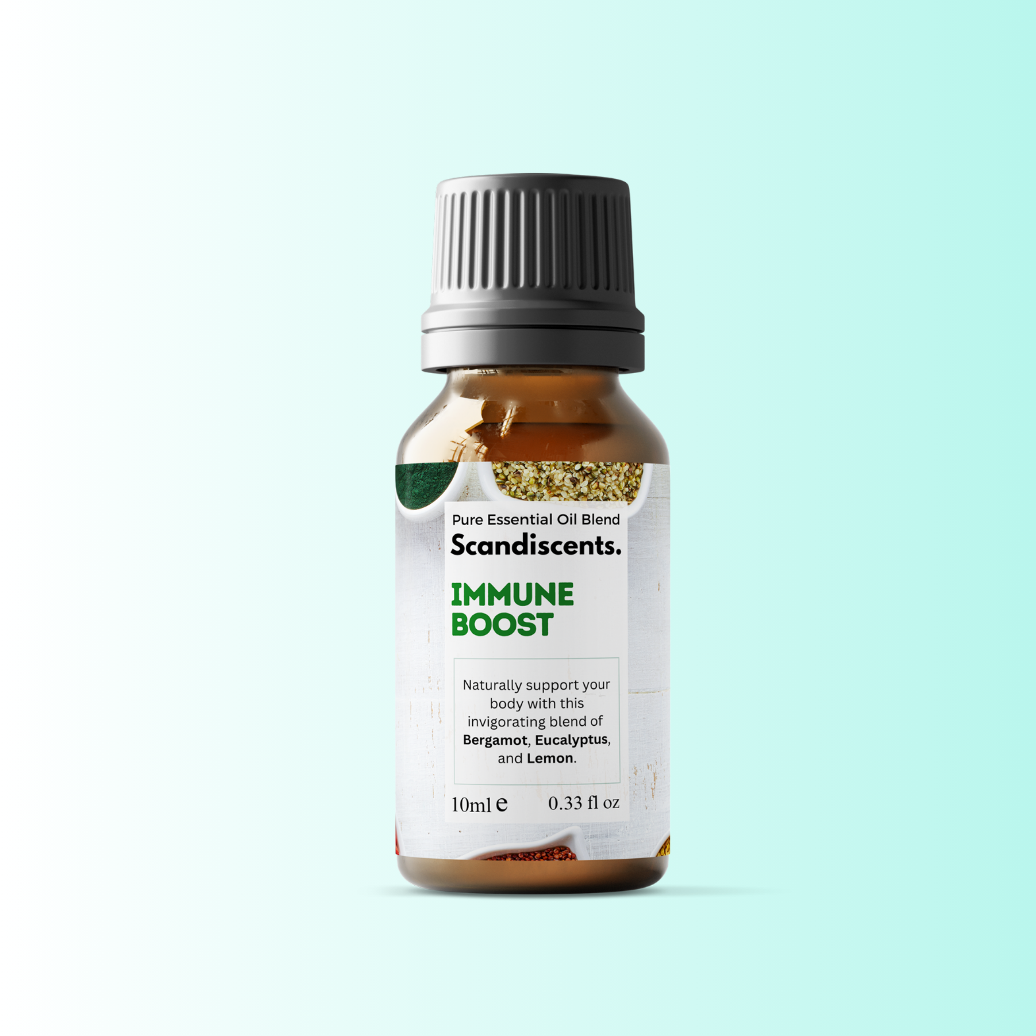 Scandiscent Immune Boost essential oil bottle on a light blue background