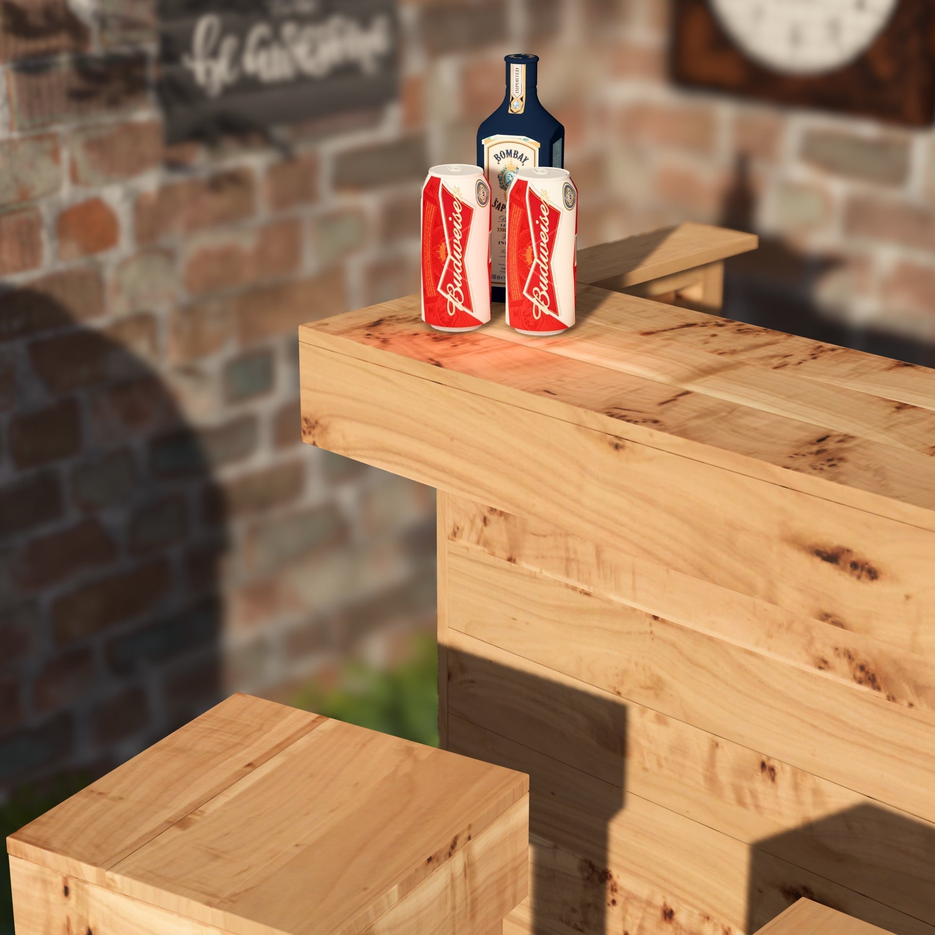 Two Budweiser cans and a bottle on a wooden surface with a brick wall background.