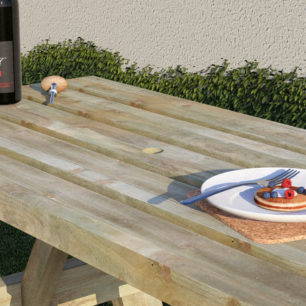 Wooden outdoor table with a plate of food and a bottle on a patio.