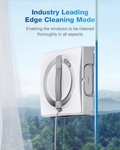Window cleaning robot with text about edge cleaning mode on a clear background