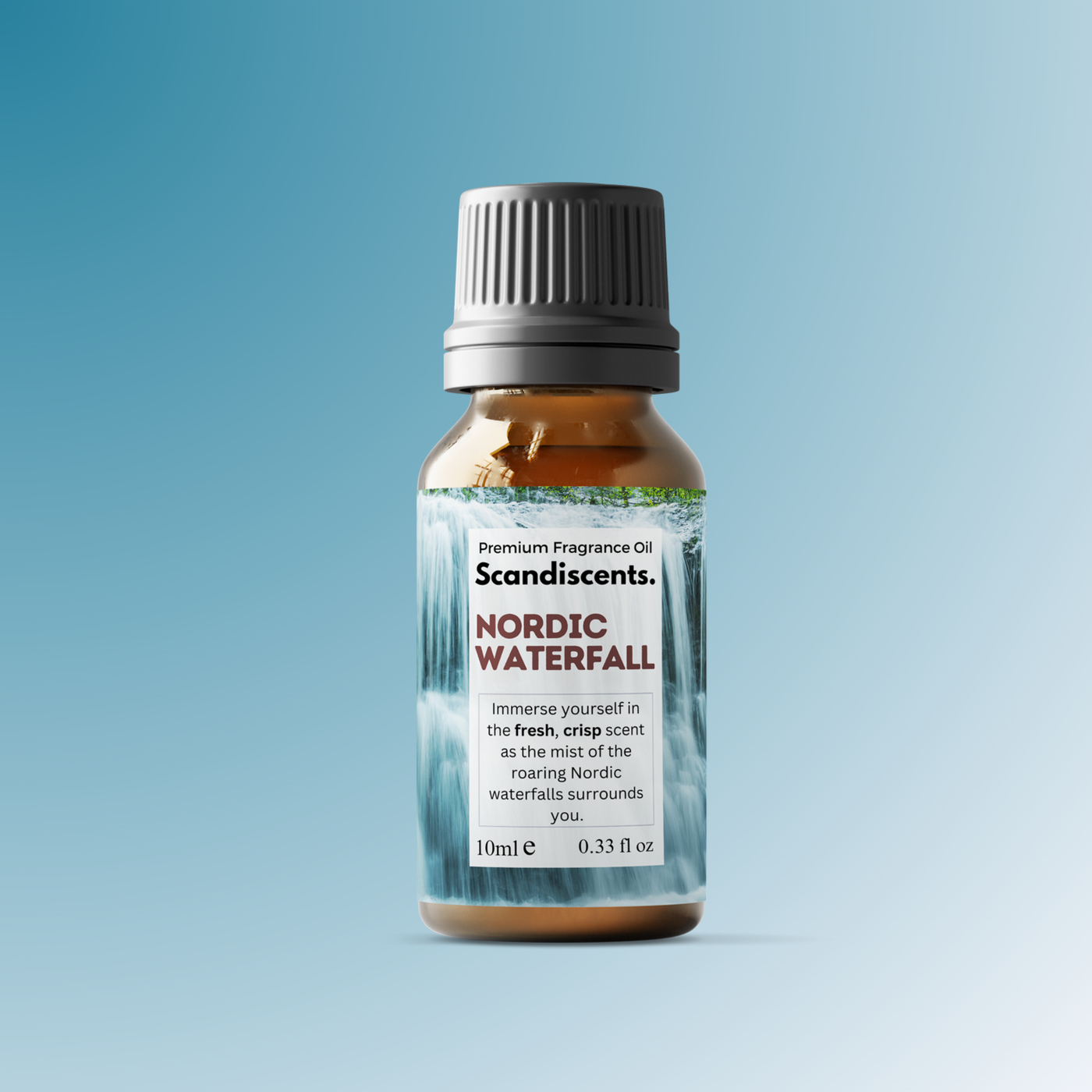 Bottle of Scandiscents Nordic Waterfall fragrance oil on a blue background