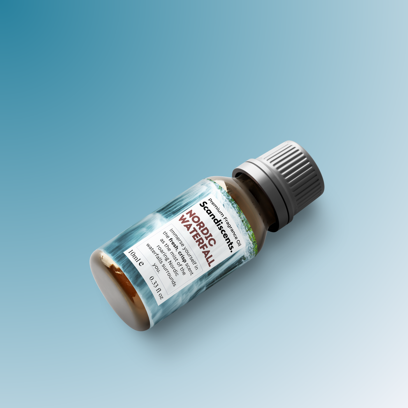 Small bottle labeled 'Nordic Waterfall' on a light blue background