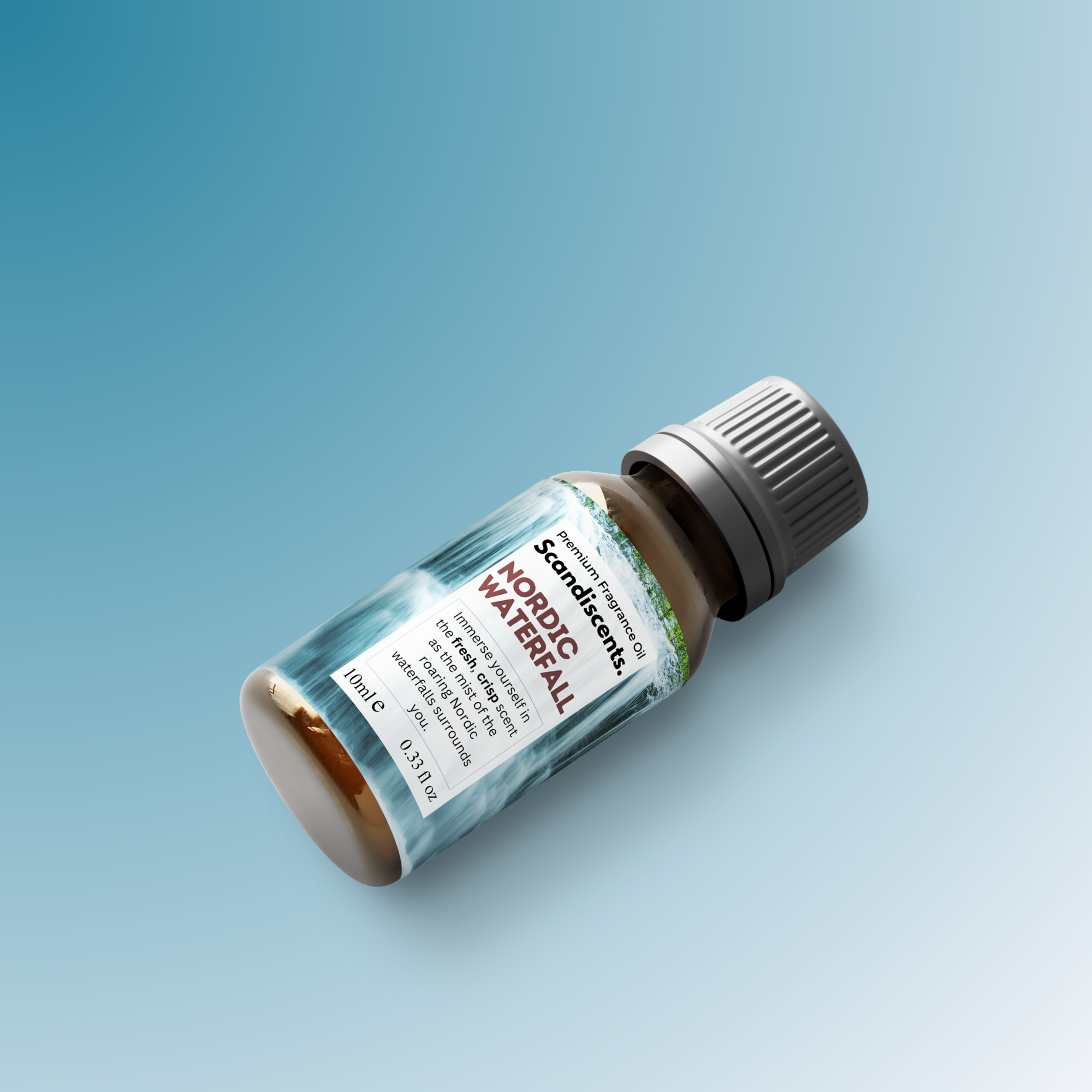 Small bottle labeled 'Nordic Waterfall' on a light blue background