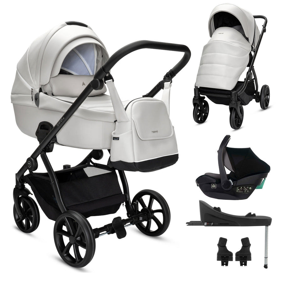Collage of a white and black baby stroller with accessories on a white background