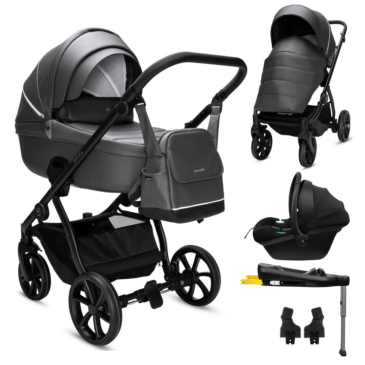 Black and gray baby stroller set with car seat and accessories on a white background