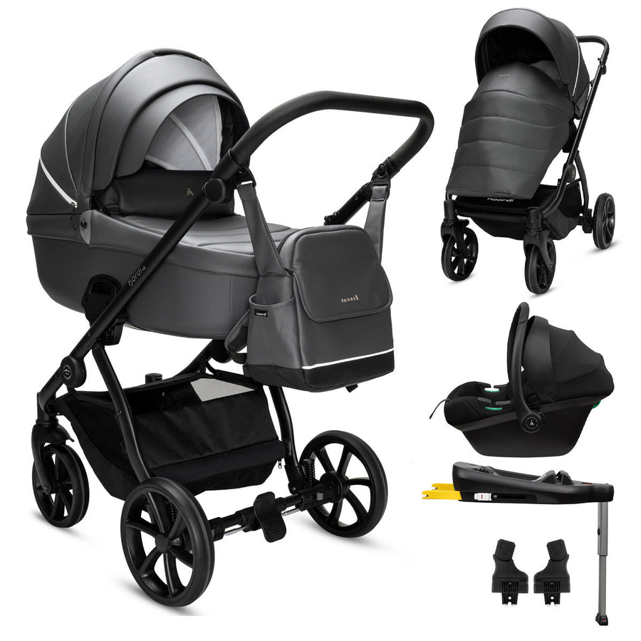 Black and gray baby stroller set with car seat and accessories on a white background