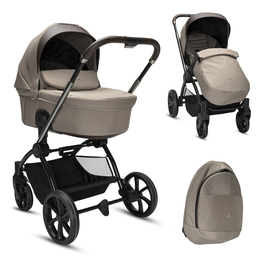 Collage of a beige and black baby stroller on a white background