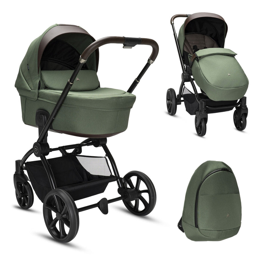 Green baby stroller with black frame on a white background