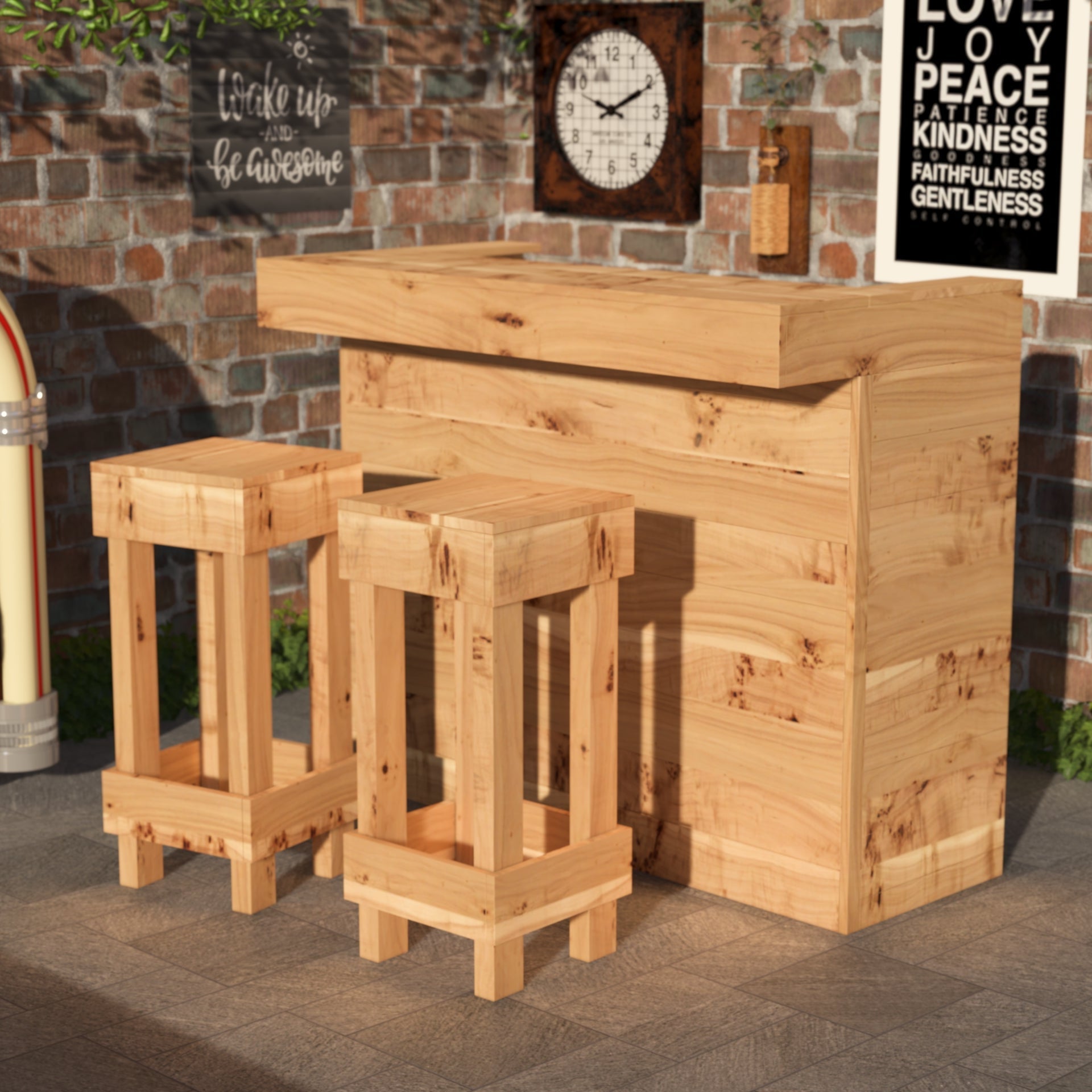Wooden outdoor bar set with stools against a brick wall.