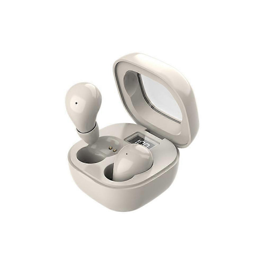 White wireless earbuds with charging case on a white background