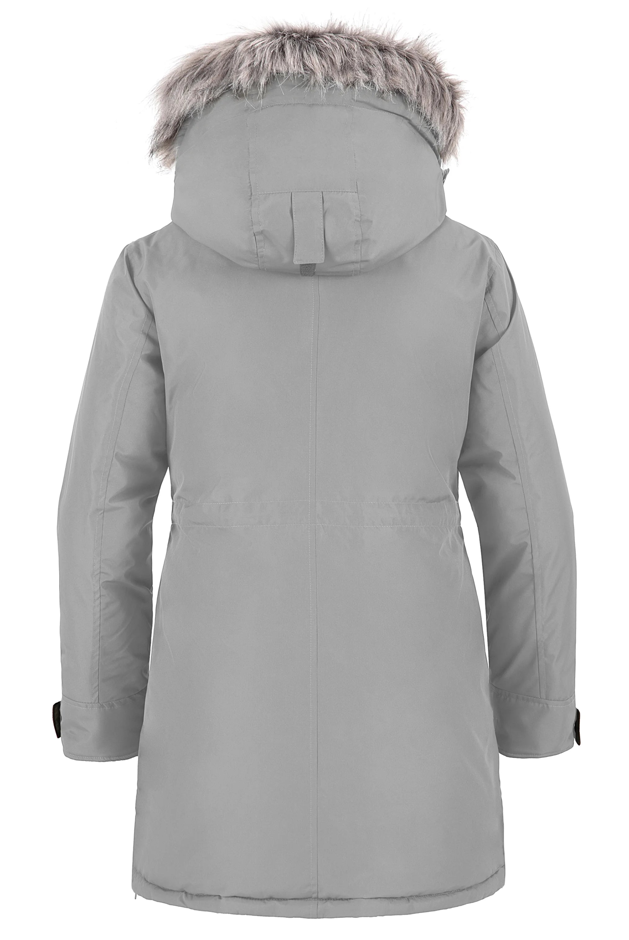 Gray parka coat with fur hood on a white background