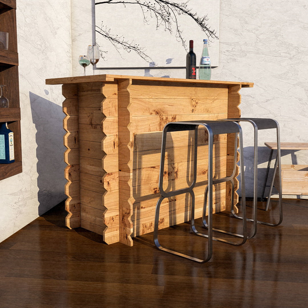 Wooden bar counter with stools against a white brick wall.