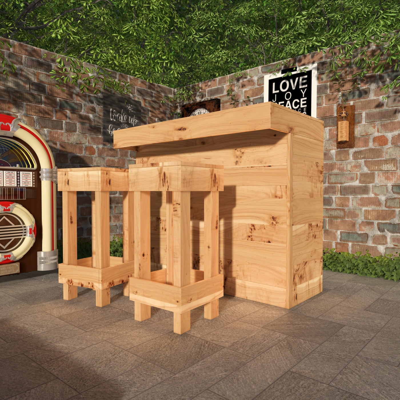 Garden Bar Set Wooden Bar Stools  with LED Outdoor Bar Table Rustic