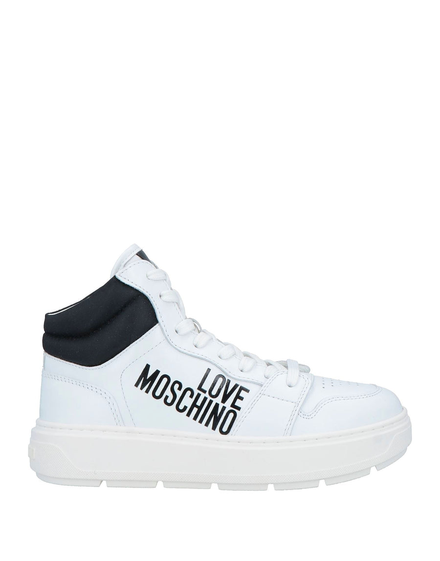 White sneaker with black text on a white background