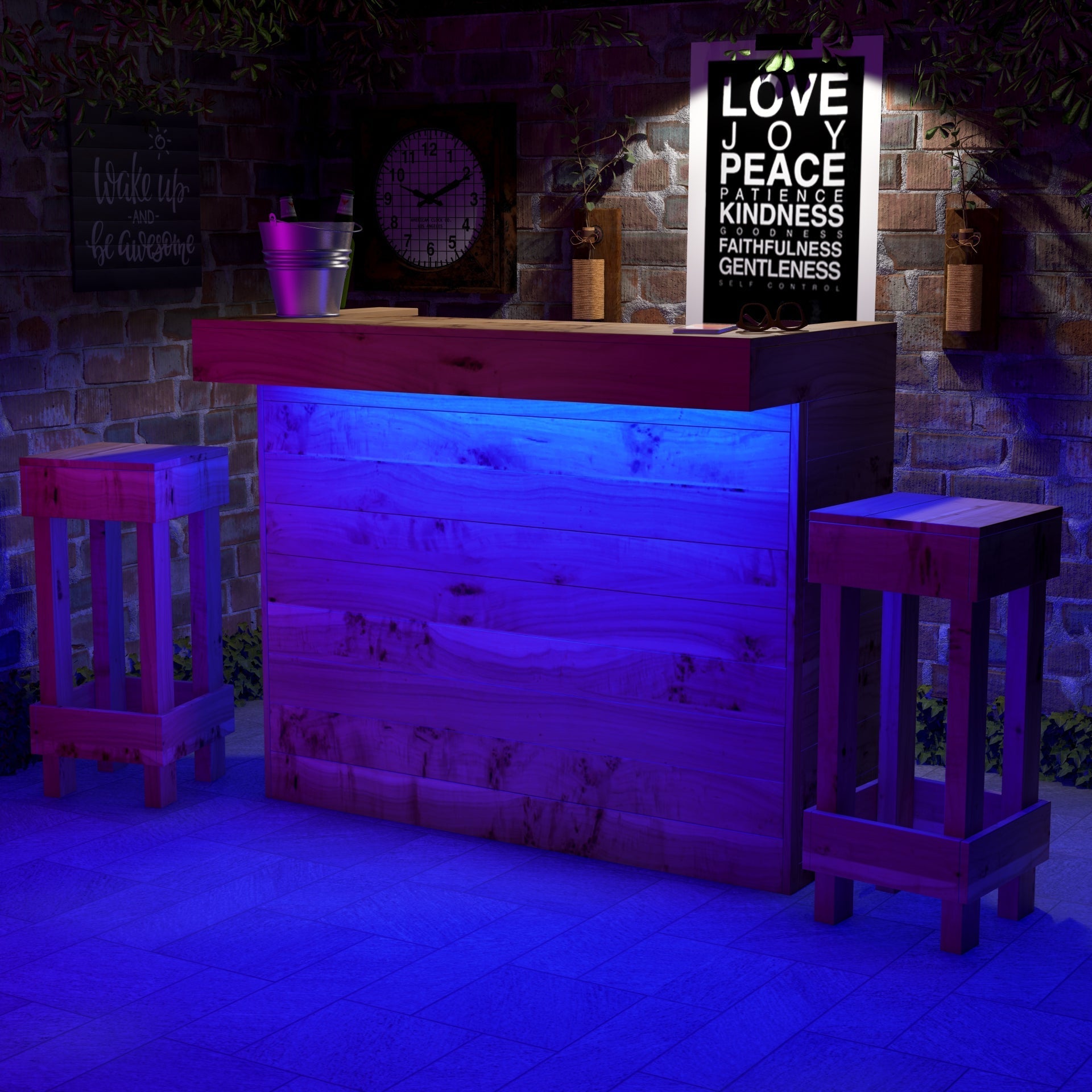 Garden Bar Set Wooden Bar Stools  with LED Outdoor Bar Table Rustic