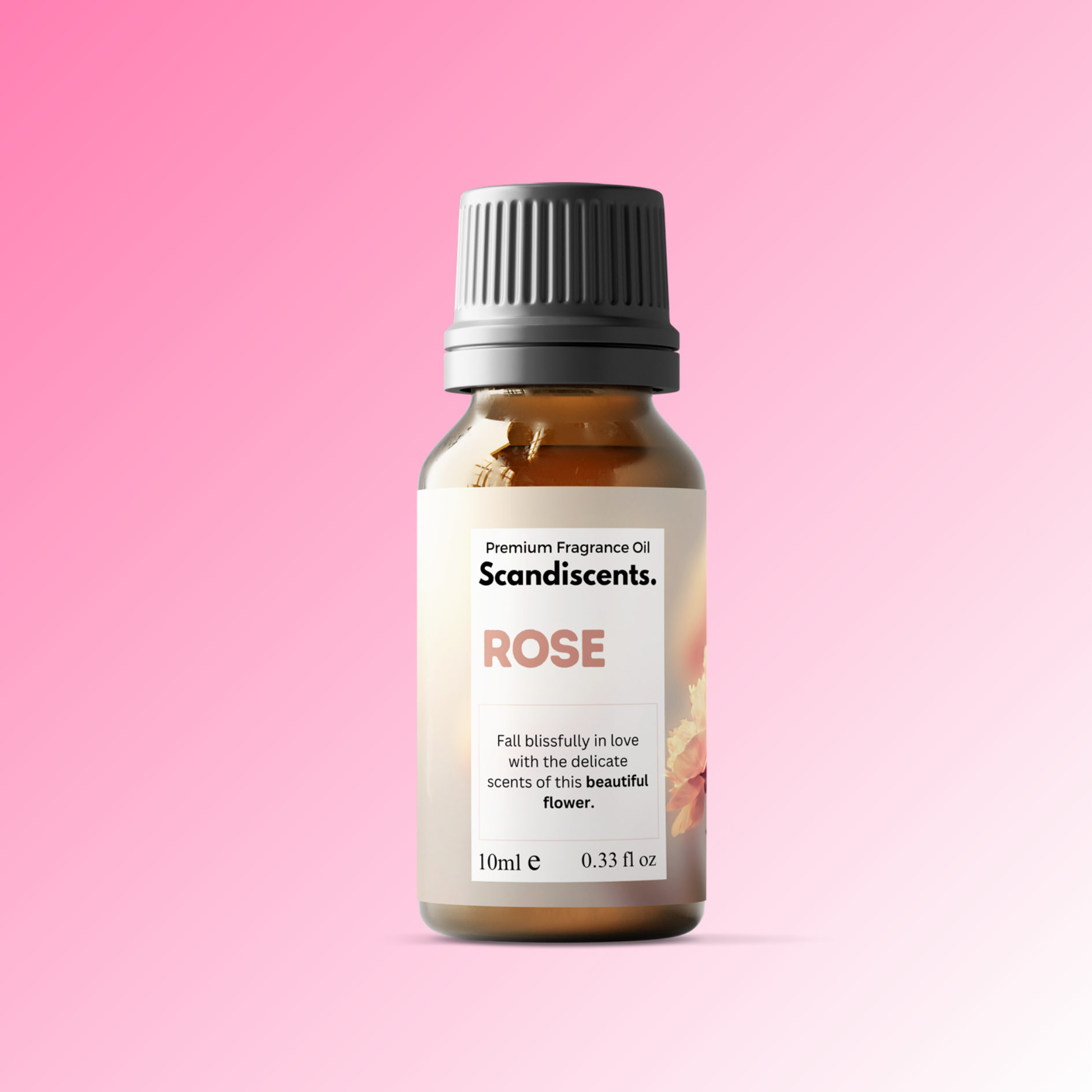 Scandiscents Rose fragrance oil bottle on a pink background