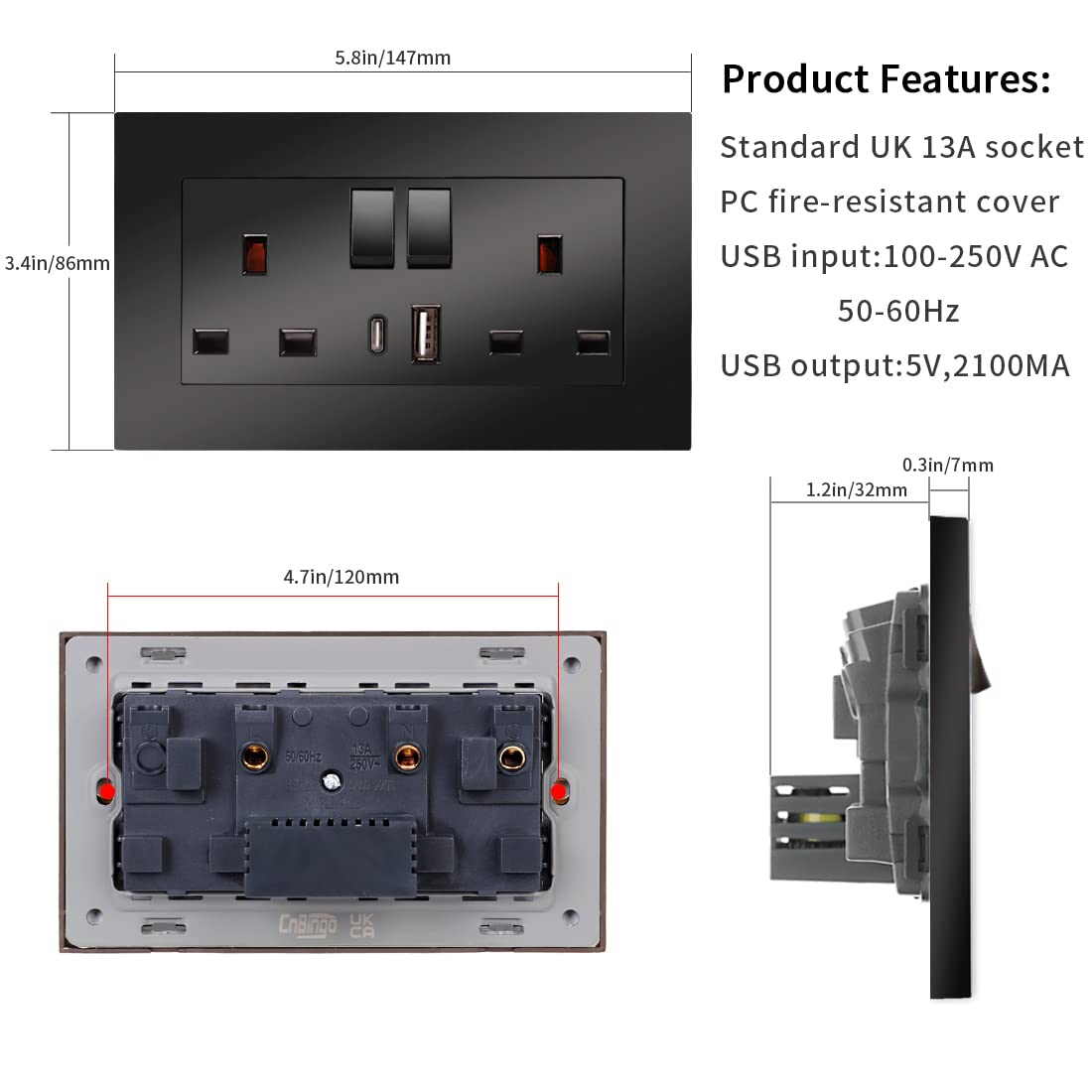 4-Pack Wall Socket 2-Gang with USB-A & Type-C Charging Crystal Glass