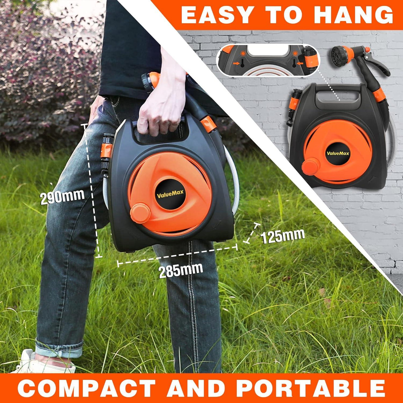 ValueMax 10M Garden Hose Reel | Portable Wall-Mounted with 7-in-1 Spray Nozzle