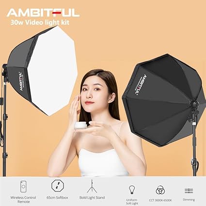 AMBITFUL 2X 65cm Softbox Lighting Kit 50W Bi-Color LED with Tripods for Video